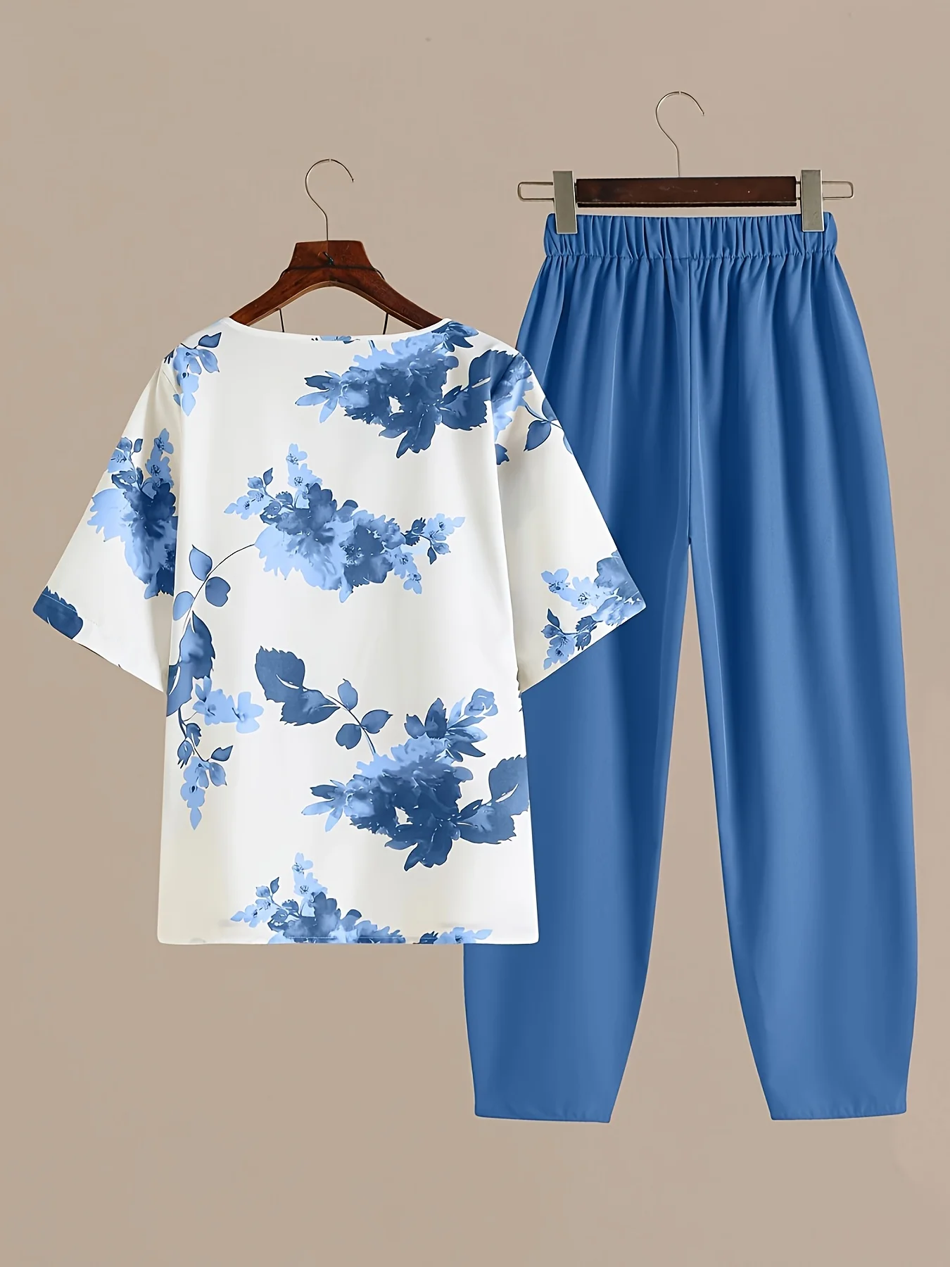 여름 반팔 프린트 라운드넥 캐주얼 여성 바지 세트