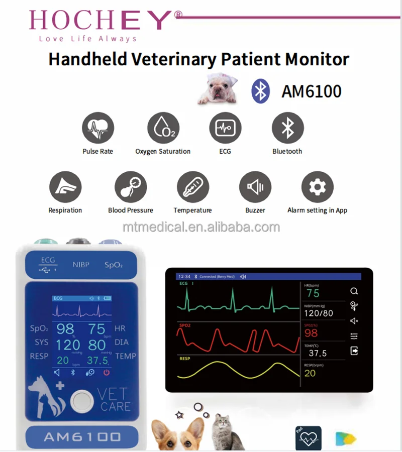 Veterinary monitors and animal vital sign monitors can handle: PR, HR, NIBP (blood pressure), Spo2, respiration, TEM