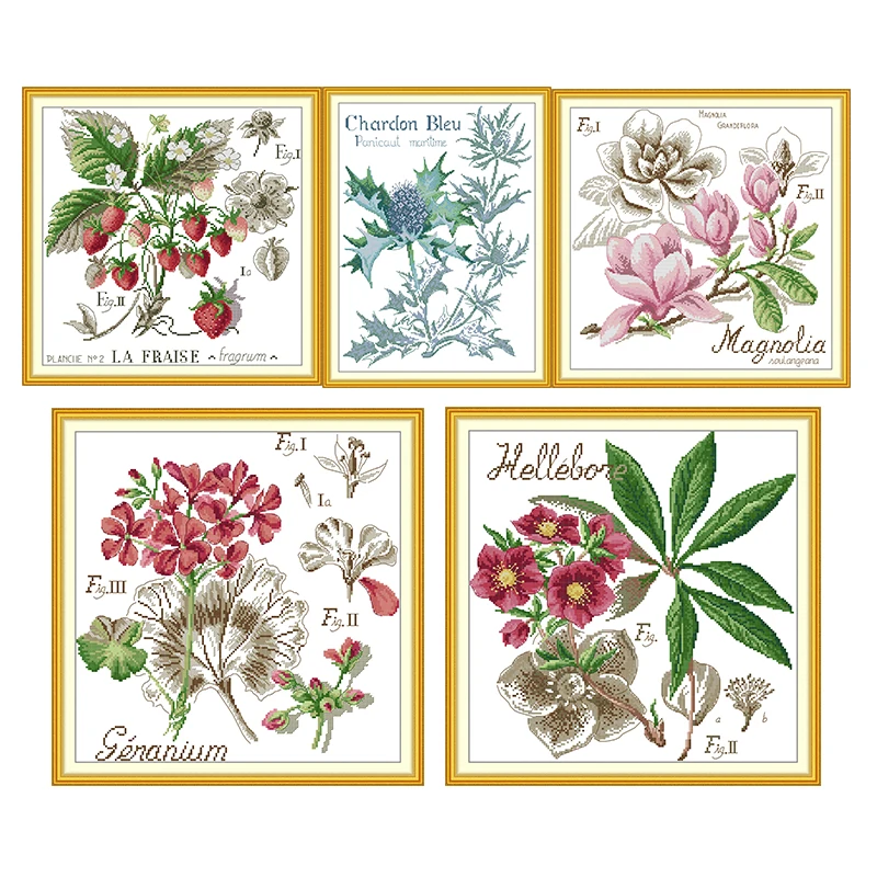 

Joy Sunday Cross Stitch Sets Flower Series 5 PCS Fabric Aida 16/14/11CT Counted DIY Embroidery Kits Home Decor Magnolia Geranium