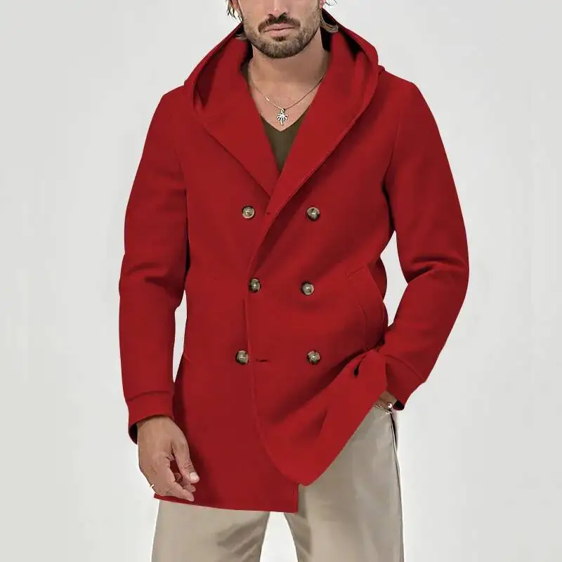 Spring And Autumn Men's Earth Medium-Length Lapel Hooded Composite Space Cotton Double Breasted Casual Trench Coat