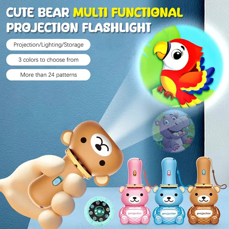 Cartoon Bear Flashlight Projector Multi Pattern Projection Flashlight Puzzle Toy Mini Projector Baby Christmas Early Education