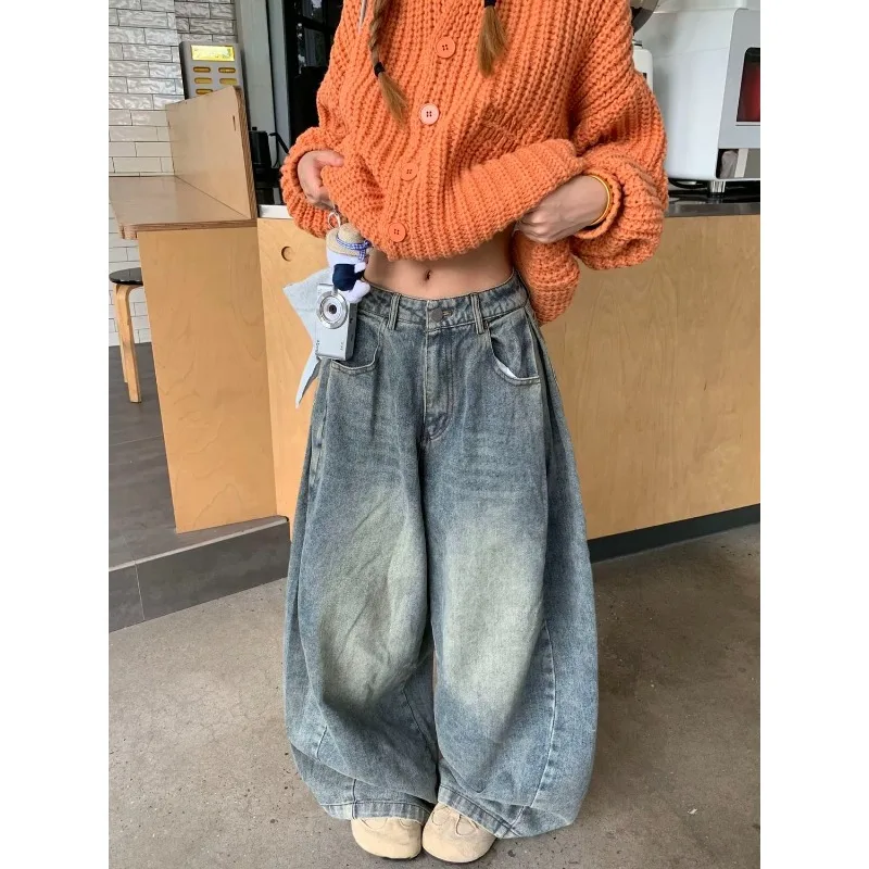 American Retro High Waist Plus Size Loose Jeans Women Pleated Washed Distressed Wide Leg Jeans Streetwear Casual Daily All Match