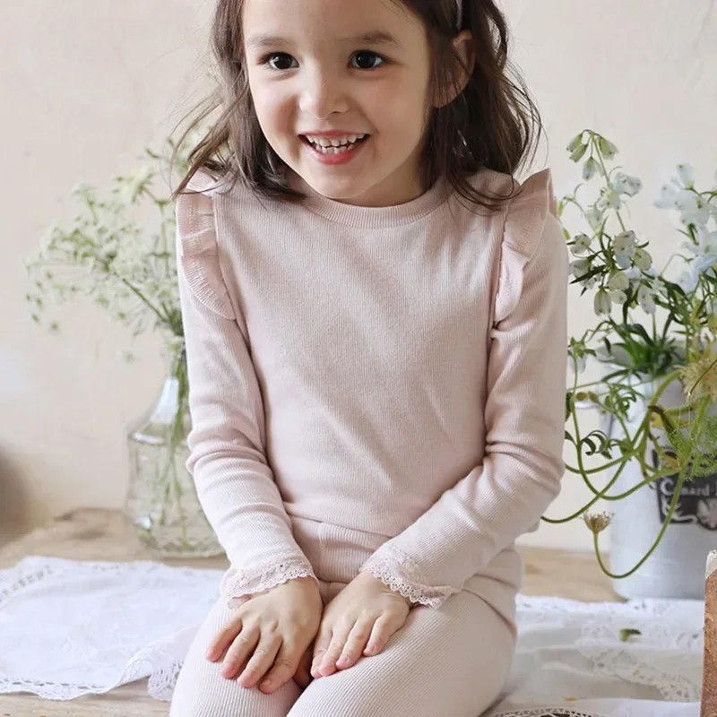 two pcs set 2024 Spring  Korean Girls' and Children's 4-Color  Edge Slimming Long Sleeve Solid Color Base T-shirt and pants