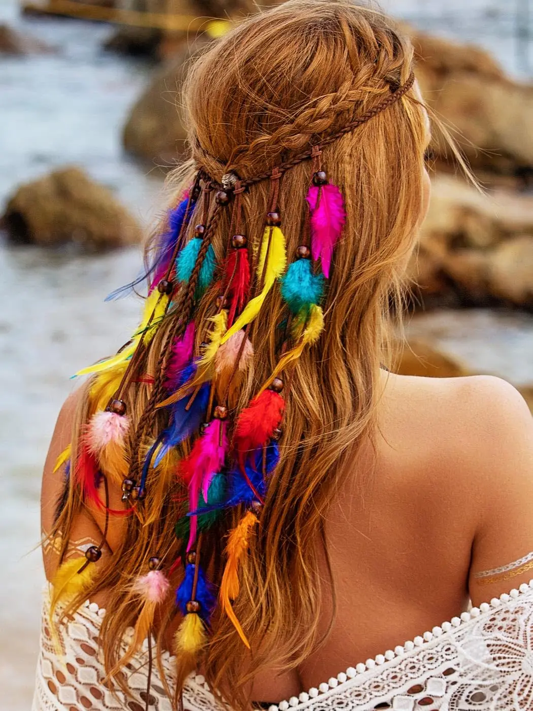 Rainbow Boho Feather Headband Indian Headbands Hippie Feather Headdress Adjustable Long Feather Hair Accessories for Lady