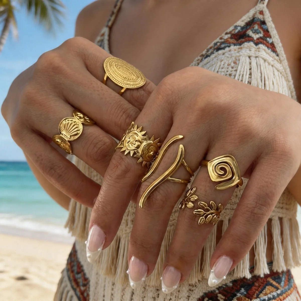 Vintage Edelstahl-Ringe mit Sonnenblumen- und Blattmuster für Damen und Herren, Punk-Mode, geometrischer Spiral-Oval-Fingerring, Schmuck – Detail 11