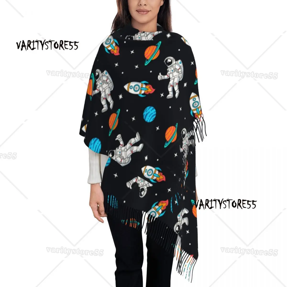 

Custom Galaxy Starry Sky Space Astronaut Tassel Scarf Women Soft Shawl Wrap Ladies Winter Scarves