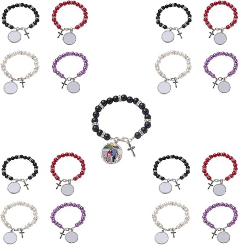16 pcs Sublimation Blank Rosary Bracelets for Baptism Imitation Pearl Rosary Beads Bracelets Cross Charm Memorial Photo Bracelet