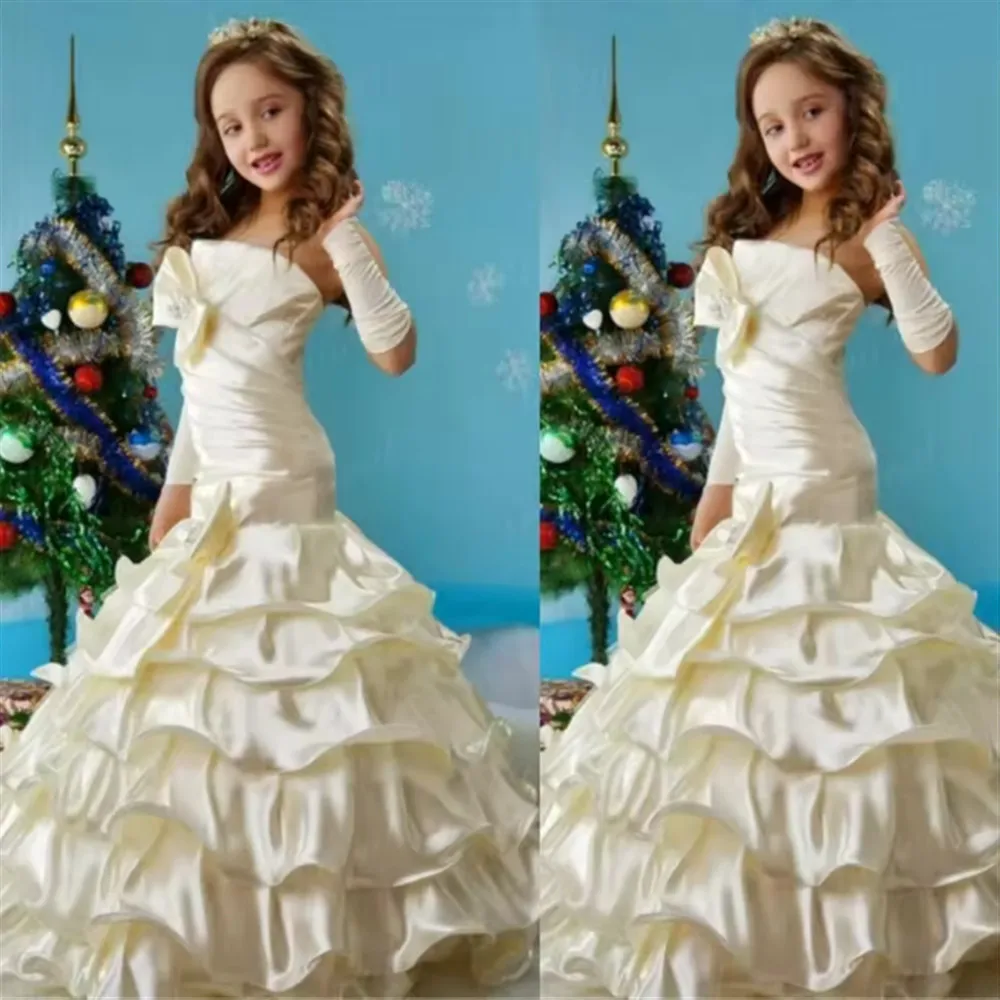 

Luxury Satin Flower Girl Wedding Dress Bow Tiered Mermaid Gown Kids Evening Pageant Party Gown First Communion Dress Customized