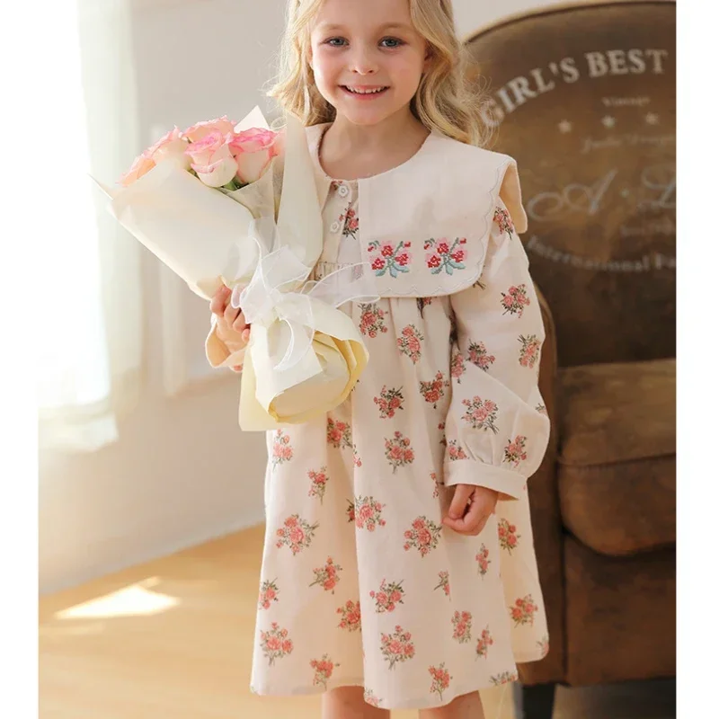 Autumn Square Collar Flower Embroidered Girls\' Dress Countryside Birthday Party Loose Print Long Sleeved Dress for Children