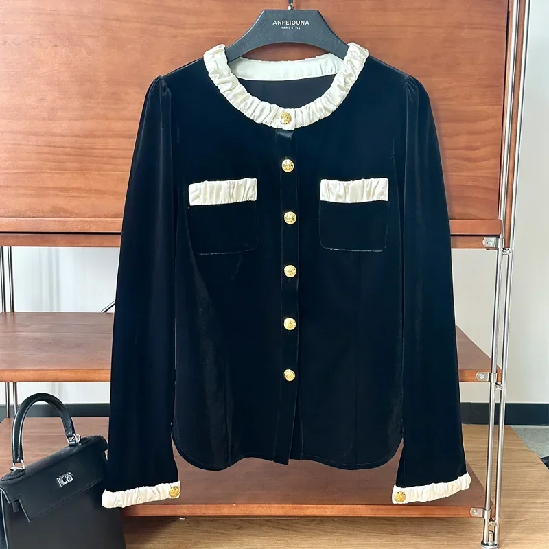 

Small Fragrance Elastic Velvet High Quality Shirt Women O Neck Pleated Lace Gold Button Long Sleeve Thin Black Basic Lady Blouse