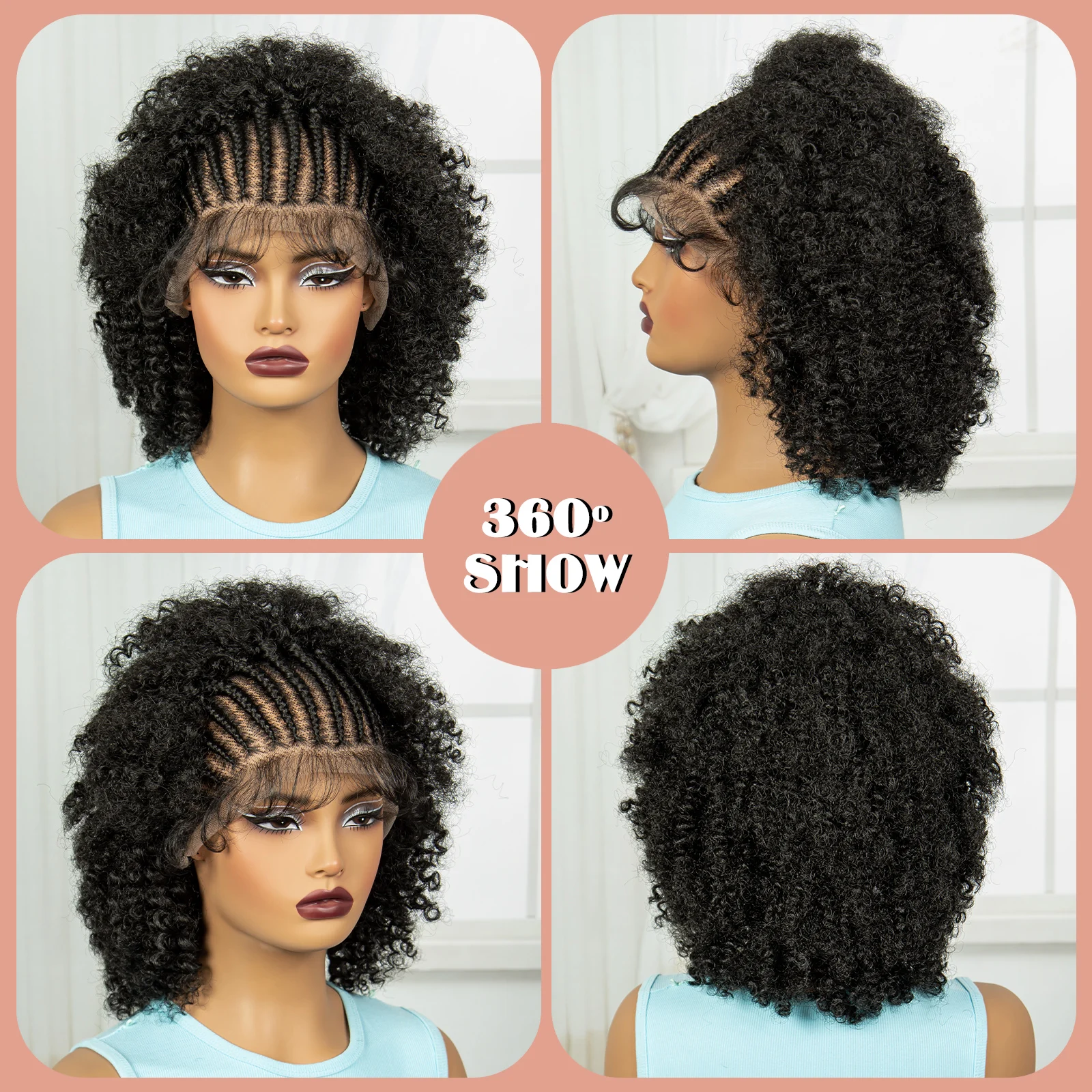 Pelucas trenzadas Cornrow, peluca de encaje trenzado rizado Afro sintético, peluca con trenzas de encaje completo transparente con pelo de bebé para mujeres negras