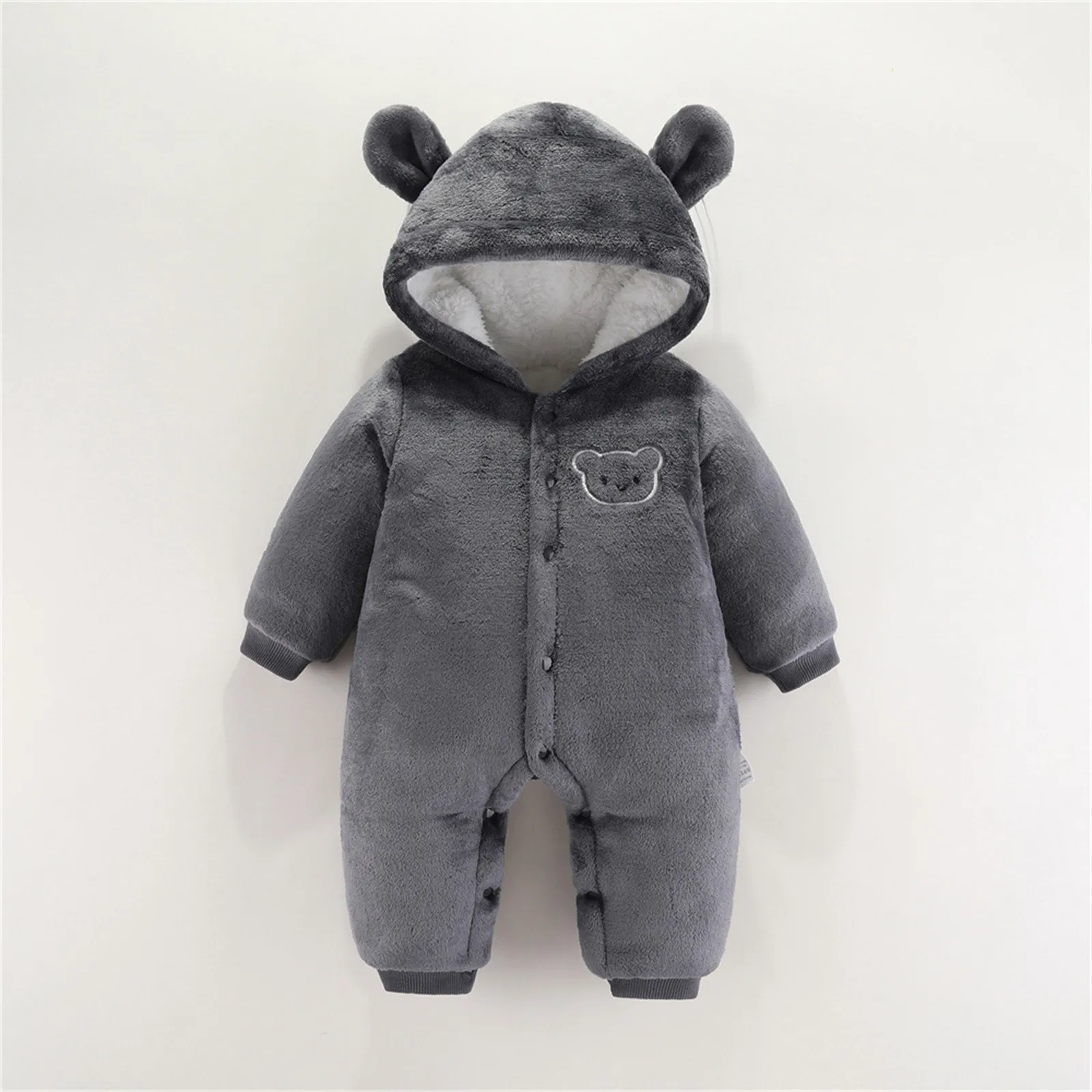 

Unisex Cute Warm Jumpsuit Solid Color Botton Down Bodysuits Autumn Winter Cartoon Bear Ear Hooded Jumpsuits For Baby Boys Girls