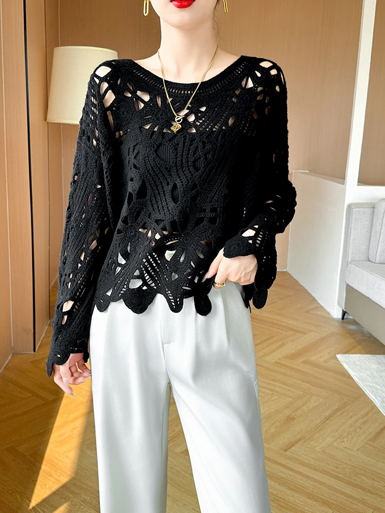 New Arrivals Women's Pullover Knitted Openwork Embroidery Crew Neck 100% Cashmere 2025 Loose Outerwear Layering