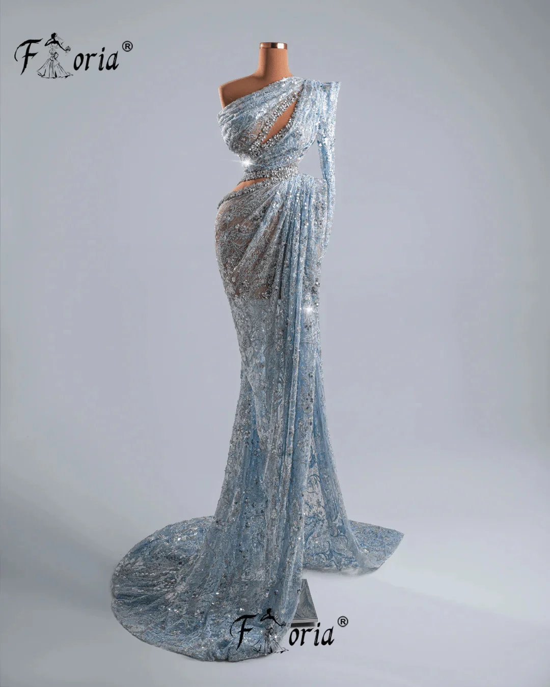 

Luxury Light Blue Beaded Lace 3D Mermaid Evening Dress Arabic Sequined See Through Celebrity Formal Occasion Dress Robe de Soire