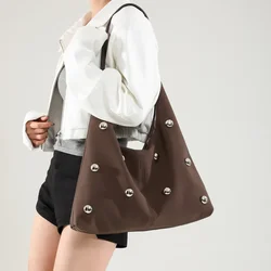 Retro Faux Suede Tote Bags Autumn Winter New Versatile Work Commuting Shoulder Bag Women's Vintage Rivet Rhinestones Handbags
