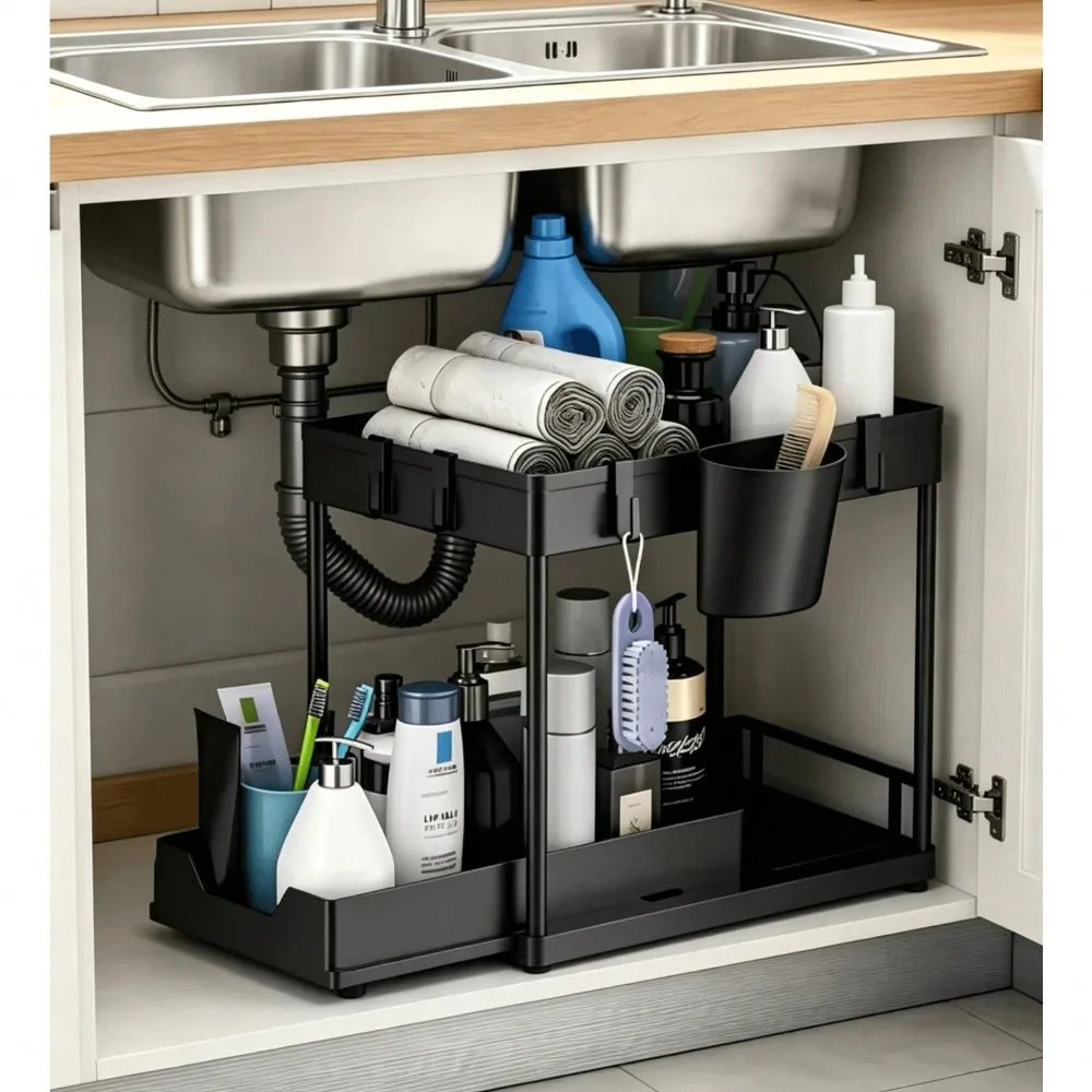 Bathroom Cabinet Organizer, 2 Tier Pull Out Storage Shelf with Sliding Bottom Basket, Black Vanity Organizer for Skincare, Toiletries, Cosmetics and Bathroom Essentials, Space Saving Counter Storage Rack, 1pc/2pcs