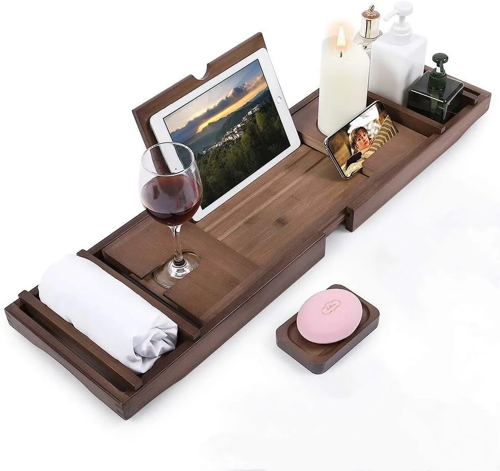 

Многофункциональная телескопическая нескользящая бамбуковая полка для ванны, нескользящий держатель для планшета и телефона и подставка для хранения ванны в ванной комнате