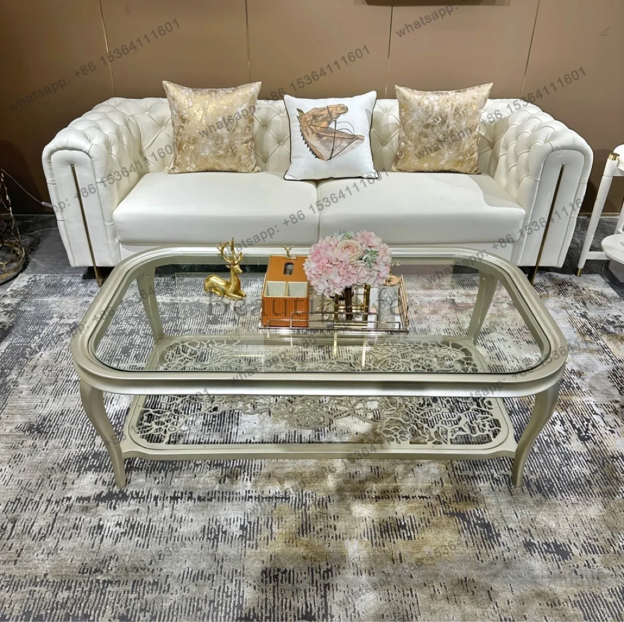 American light luxury long coffee table premium solid wood champagne gold champagne silver coffee table