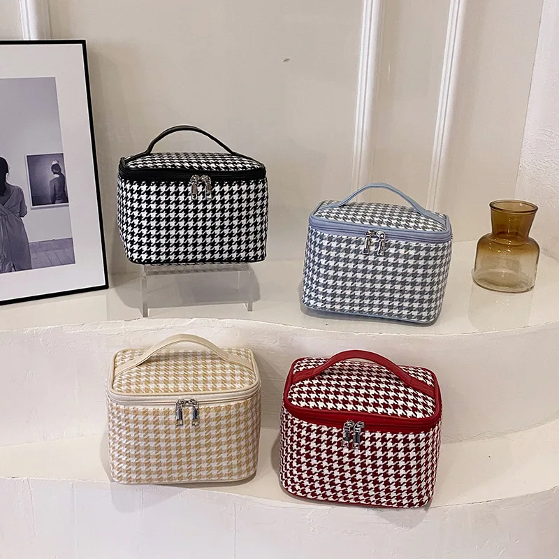 New Women Houndstooth Pattern Tote Makeup Bag Portable Travel Organizer Cosmetic Toiletry Storage Bags Large Capacity Zipper Bag