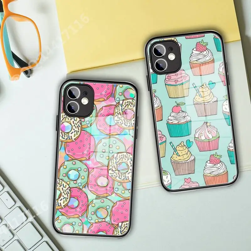 Cartoon Ice Cream Cute Donuts Phone Case Tempered Glass For iPhone14 13 12 11 Pro XR XS MAX XS X 7 8Plus SE 2020 12 Mini case