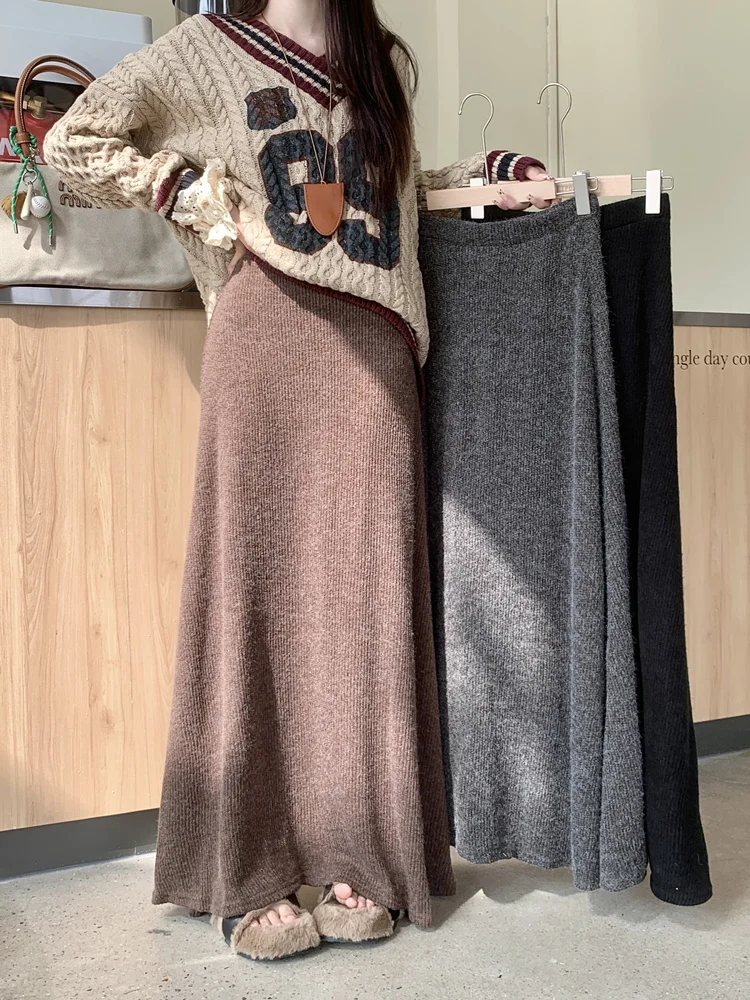 High Waist Thickened A-Line Skirt Grey Winter Women's Fashion Versatile Half-length Fish Tail Long Skirt Korean Sle Commute