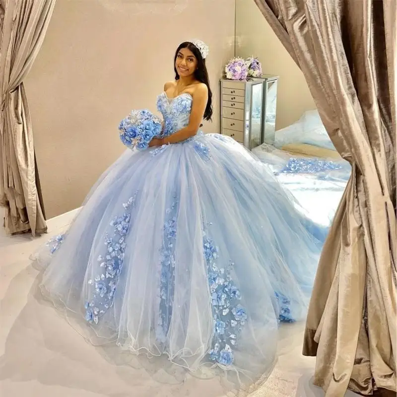 Sky Blue Princess Shiny Quinceanera Dresses Ball Gown Sweetheart Tulle Appliques Sweet 16 Dress 15 Años Customized Elegant