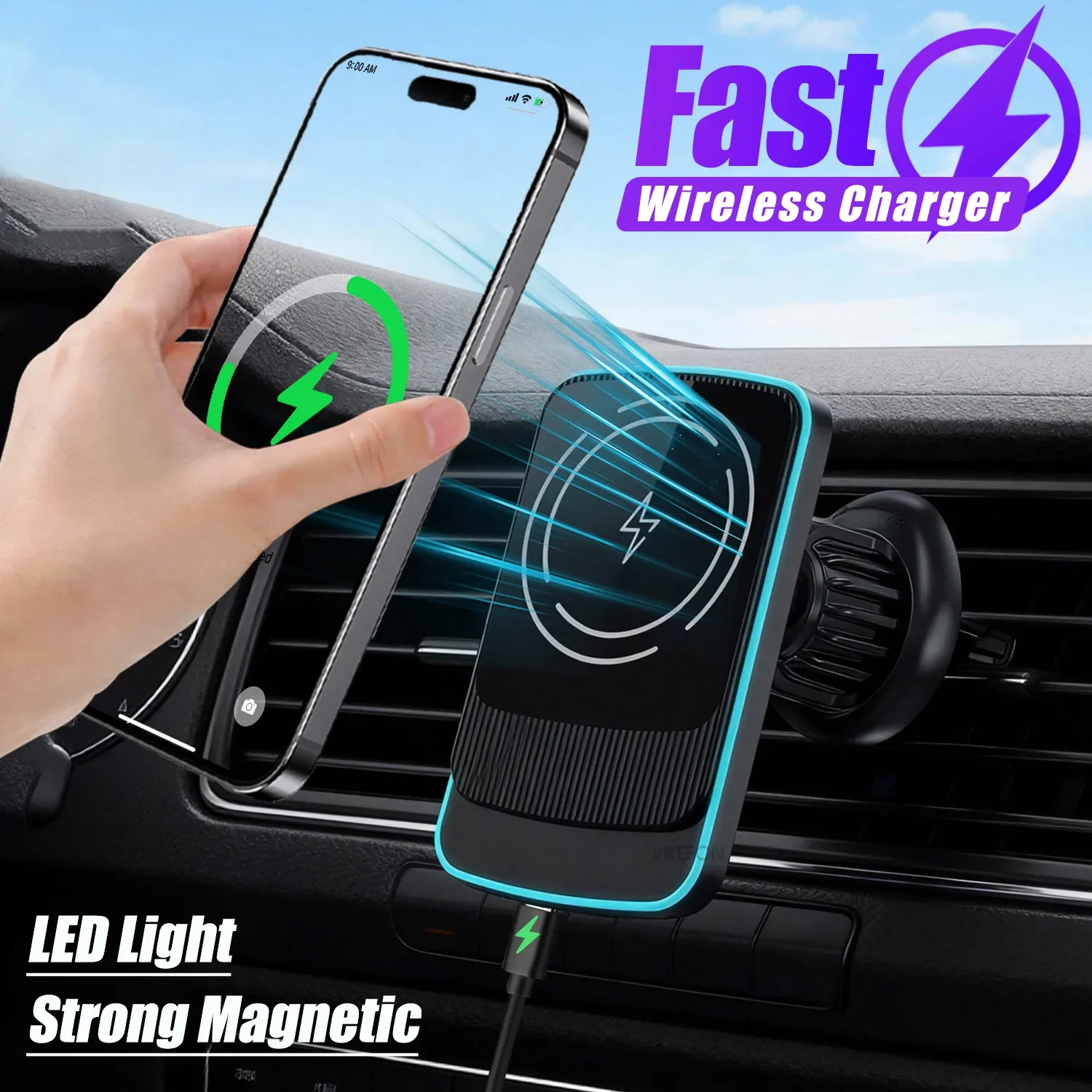 

Быстрое беспроводное автомобильное зарядное устройство 15 Вт, магнитный держатель приборной панели с вентиляционным отверстием, безопасная зарядка для iPhone 12-17 и Android