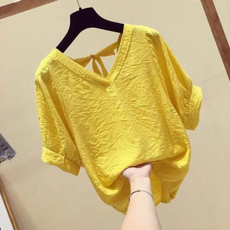 Sweet Backless Lace Up Bow Hollow Out Lantern Sleeve T-Shirt Women's Clothing 2023 Summer New Casual Pullovers Korean Tee Shirt