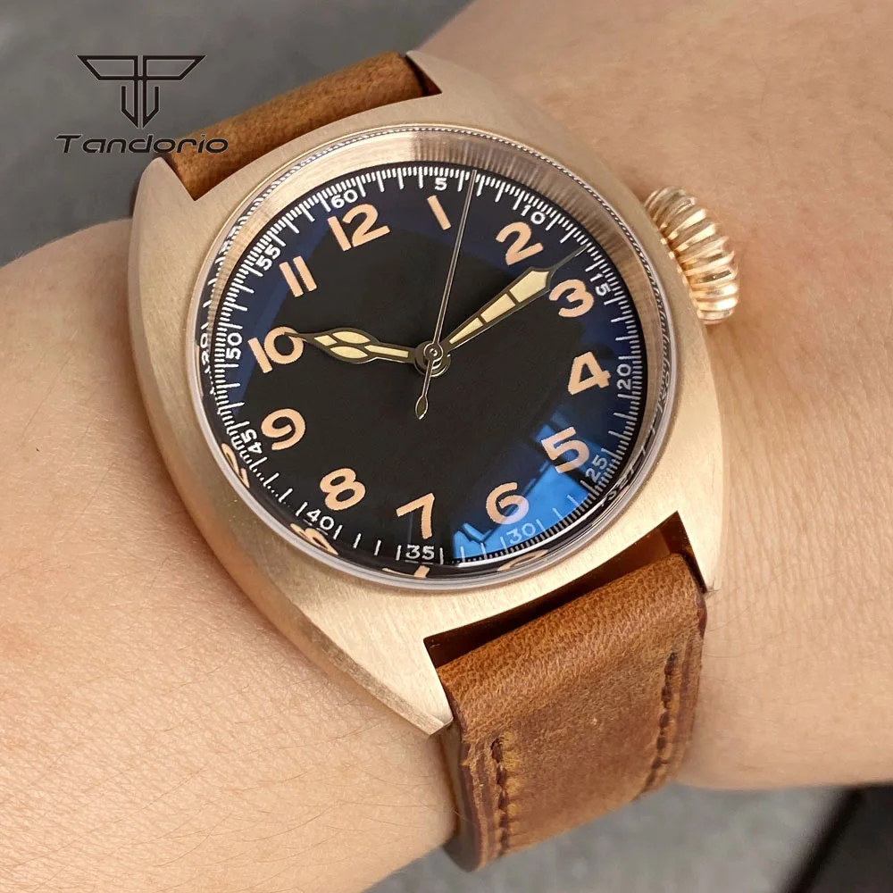 Tandorio 36mm Luxury Bronze Real Cusn8 Automatic NH35 PT5000 Men Watch Dive Domed AR Sapphire Mechanical 20atm Pilot Wristwatch