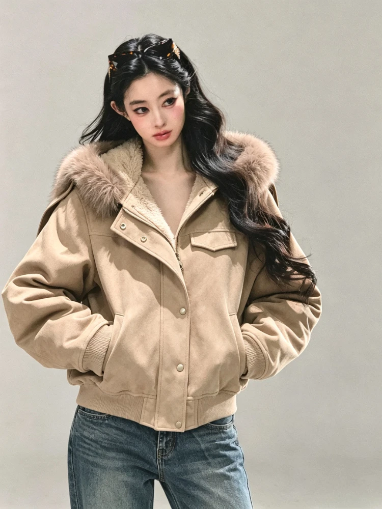 Korean Fashion Warm Soft Fabric 2026 Autumn Women Faux Fur Parkas Coats Y2K American Vintage Cotton‑padded Jacket Casual Outwear