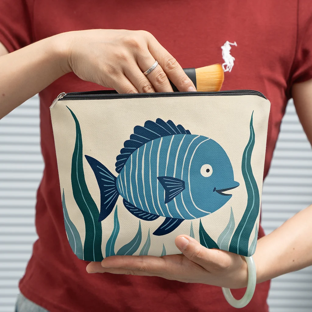 Makeup Bag Featuring Blue and White Fish Swimming in the Sea a Zippered Storage Pouch for Party Gifts Small Bag for Cosmetics
