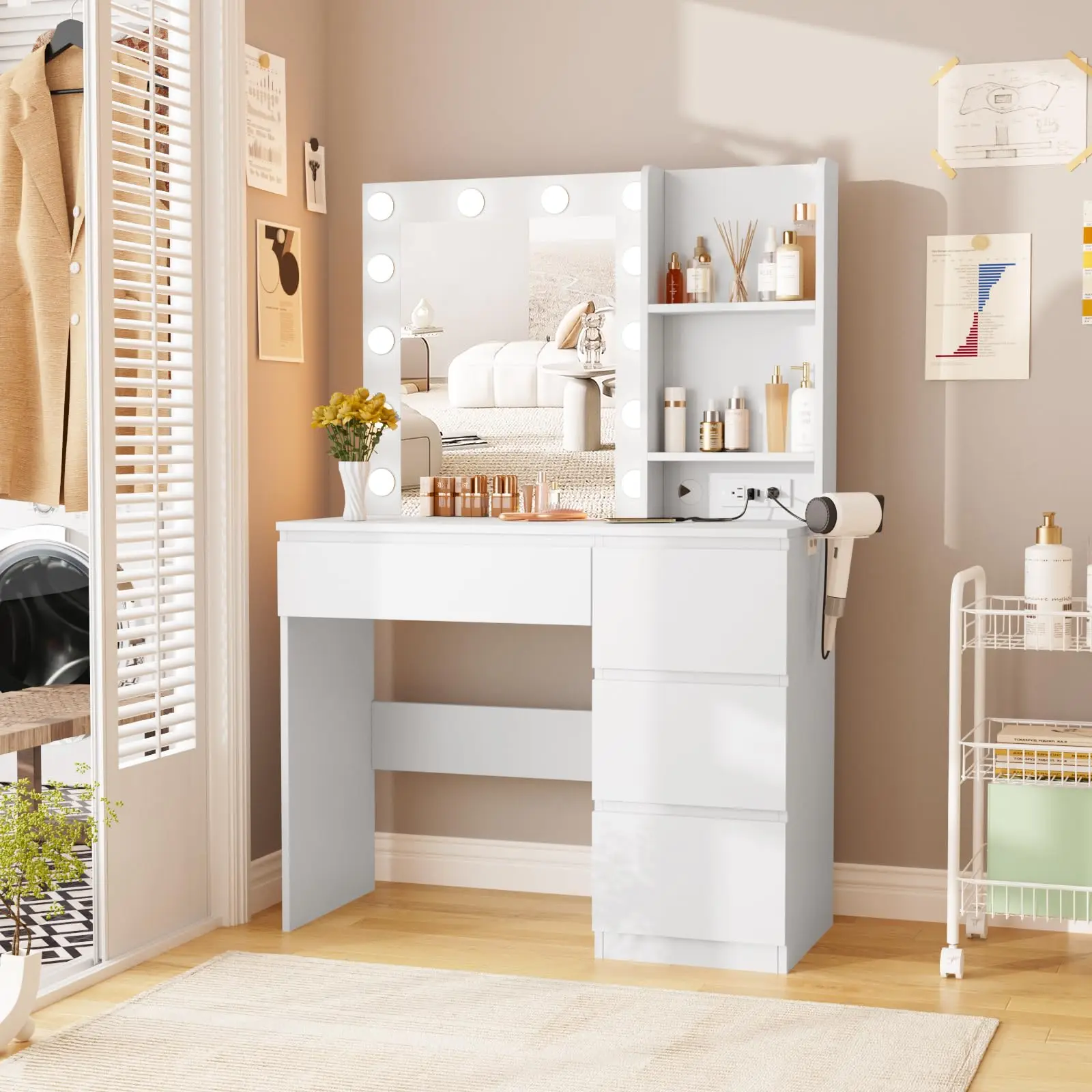 Vabches مكتب زينة مع أضواء مرآة طاولة تزيين مكياج مع منفذ طاقة 4 أدراج أثاث طاولة زينة خشبية لغرفة النوم