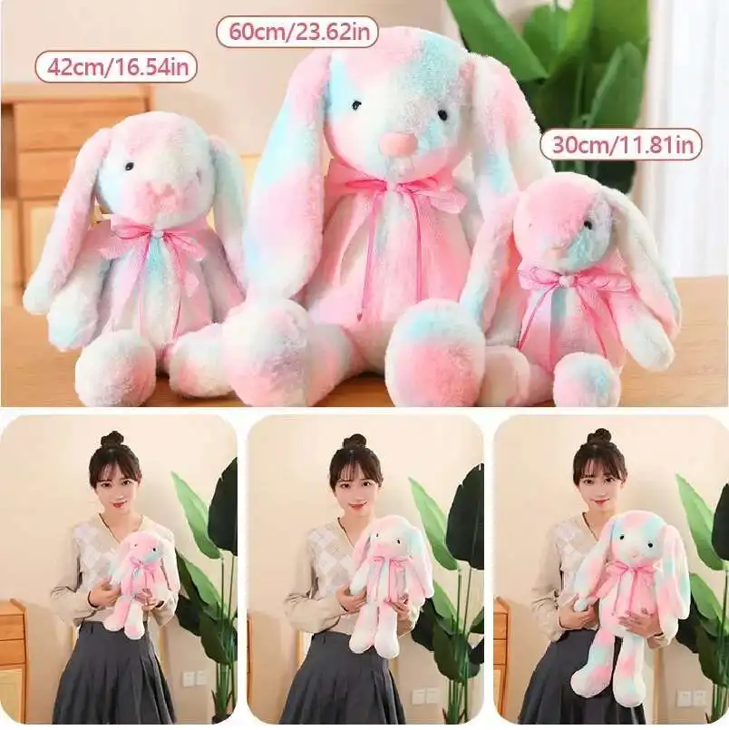 Conejito de Pascua relleno con orejas largas y disquete, juguete de peluche de conejo teñido anudado colorido para dormir, peluche de conejo colorido súper suave