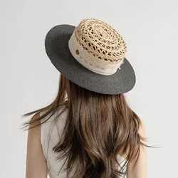 USPOP Summer Fashion Casual Hand-woven Hollow Top Raffia Sun Hat with Silk Linen Ribbon Flat Top Straw Hat Sunshade