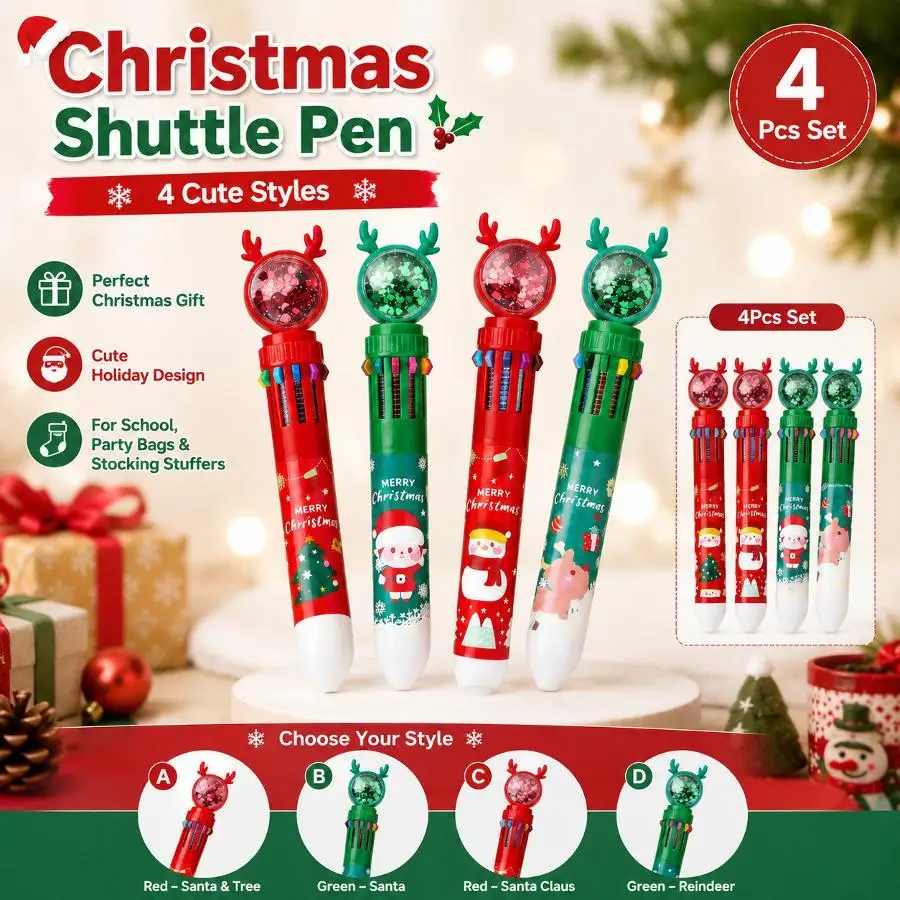 10-Color Christmas Cartoon Ballpoint Pen 0.5mm Santa Elk Snowman Click Pen For School Journal Writing Xmas Stationery Gift