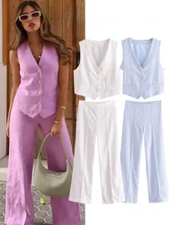 TRAFZA-Ensemble deux pièces pour femme, veste en fibre de lin trempée, haut en verre et pantalon à jambes larges, col en V, mode sexy, trois documents solides