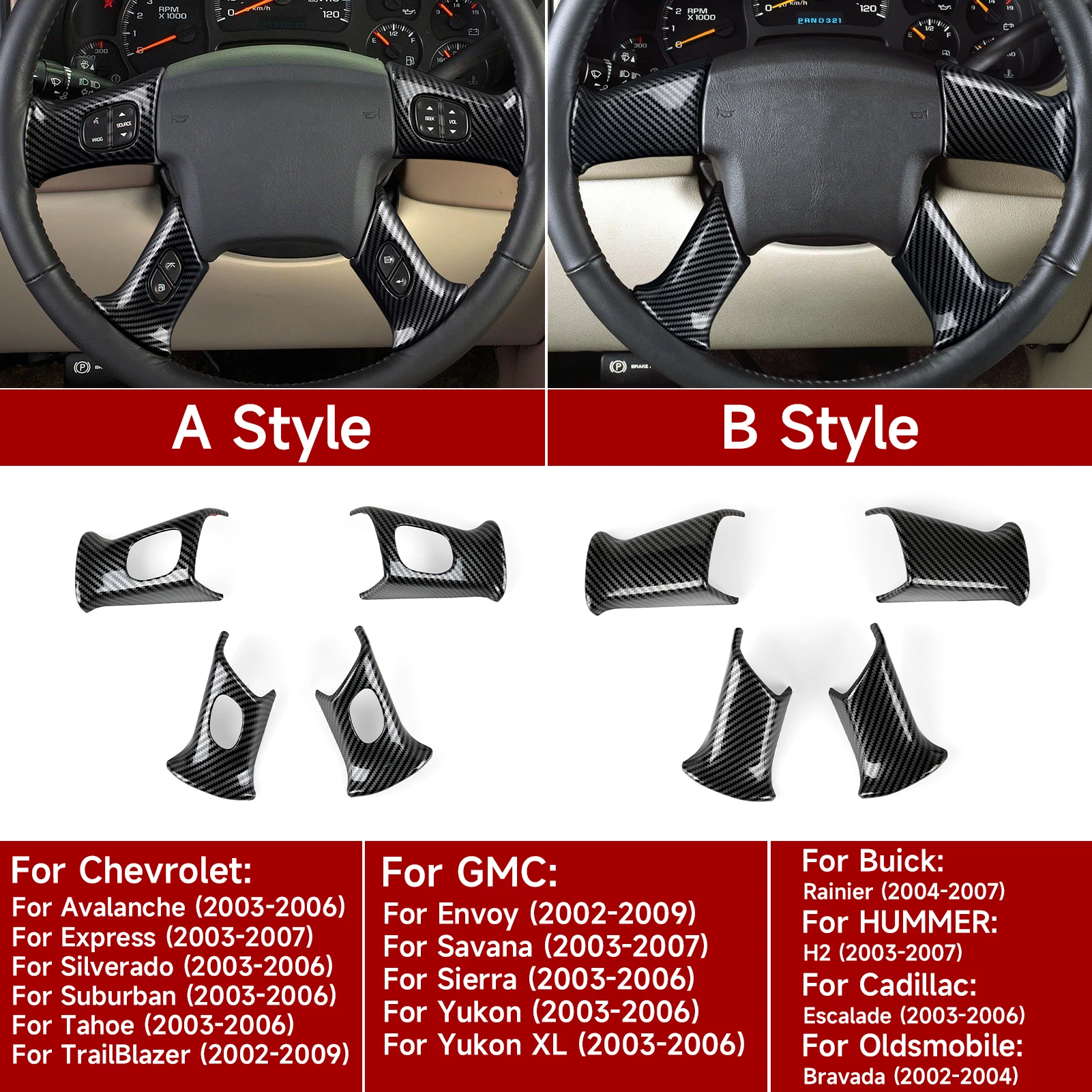 Para Buick Rainier HUMMER H2 Cadillac Escalade Oldsmobile Bravada, Panel de volante de coche, pegatinas ABS interiores de fibra de carbono
