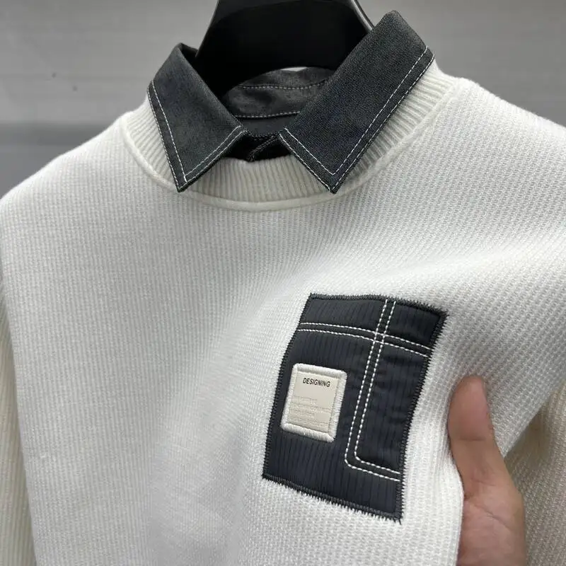 

2025 Men's Winter New One Fake Two Piece Fashion Casual Knitted Bottom Sweater With Thick Fleece