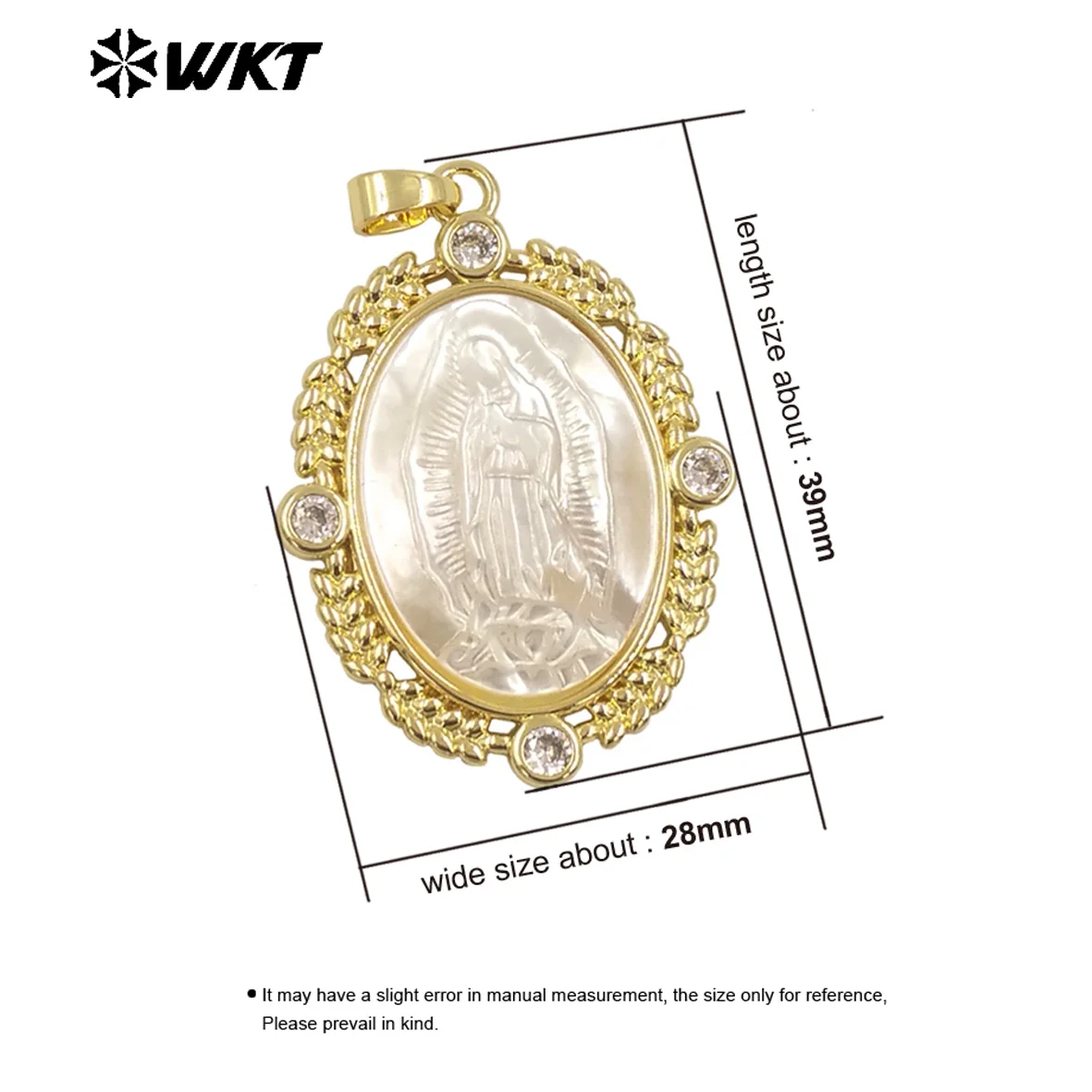 

WT-JP369 Удивительный эксклюзивный кулон WKT с позолоченной 18-каратным золотом оправой, инкрустированной цирконами, и ручной резьбой из белого перламутра с изображением Девы Марии