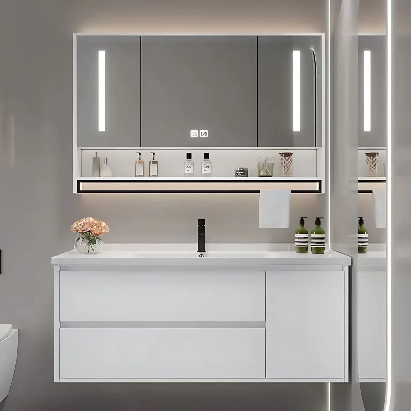 Solid wood multi-layer wall-mounted bathroom cabinet integrated ceramic basin intelligent lighting storage with mirror