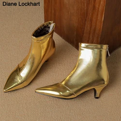 2024 New Gold Silver Stilettos Ankle Boots PU Leather Women Pointed Toe Low Heel Short Boots Sexy Women Zip Booties Feminim