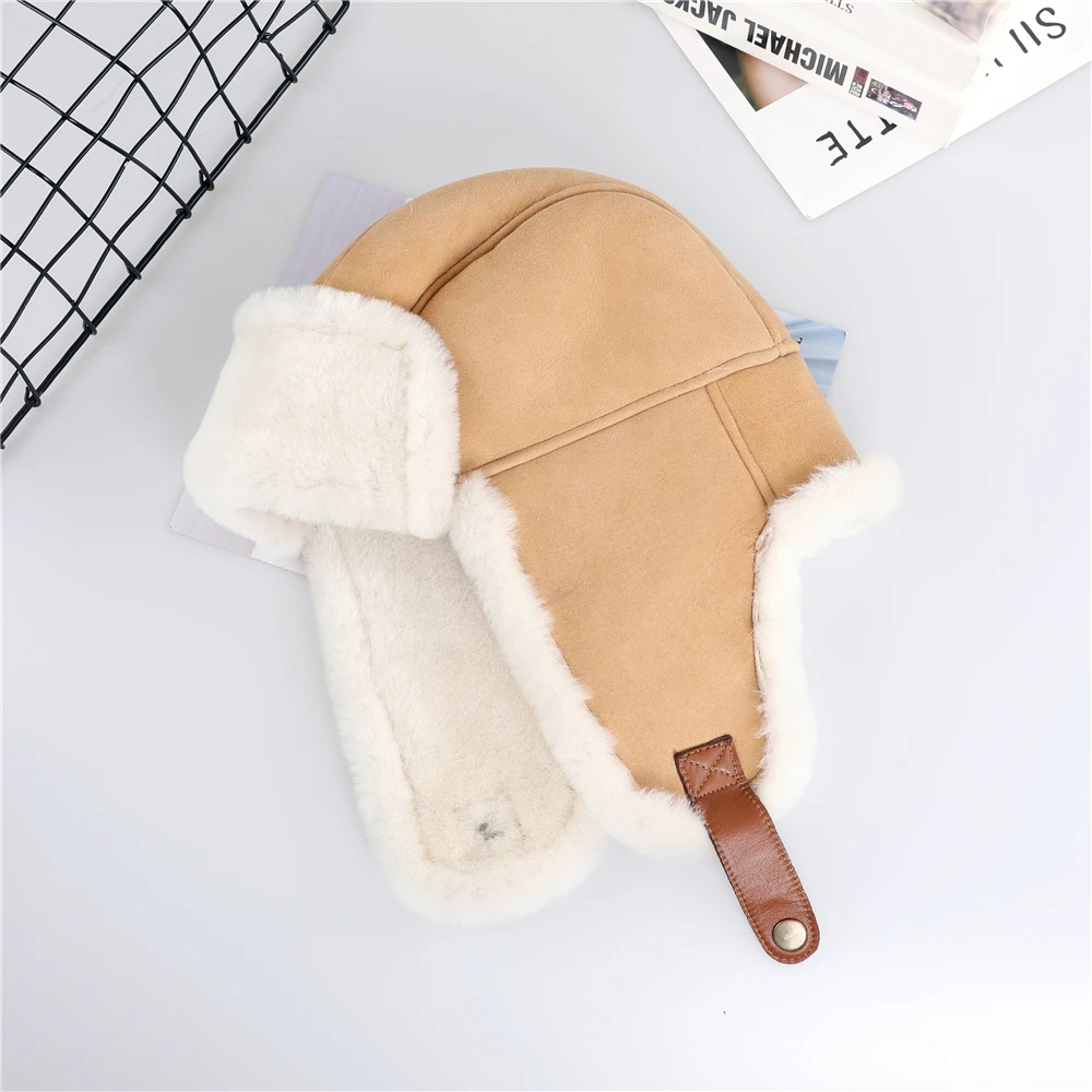 Winter Unisex 100% Shearling Wool Bomber Hat Ushanka Cap Lamb Fur Trapper Russian Man Women Ski Hats Real Leather Caps