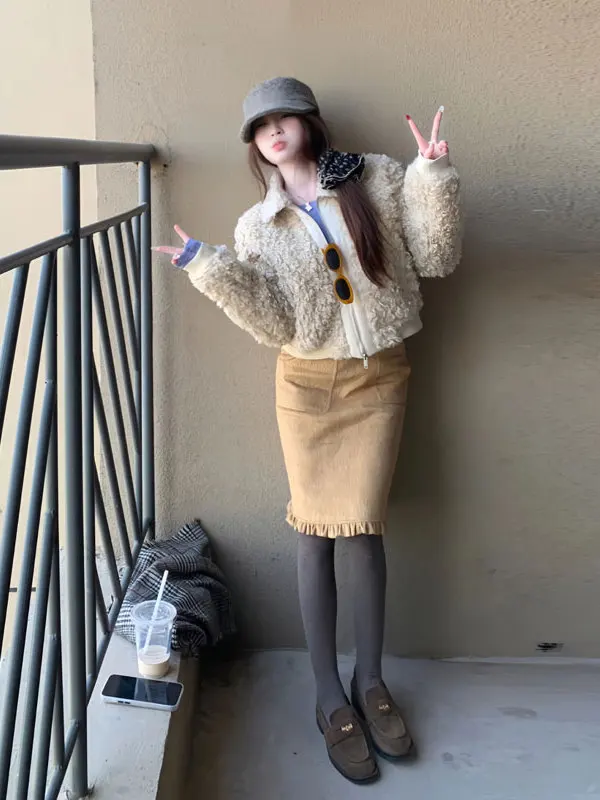 

Sli ort Fur Coat Korean Retro Cact Beautiful Loose Fur Leather Inteated Faionable Outerwear for Young Women