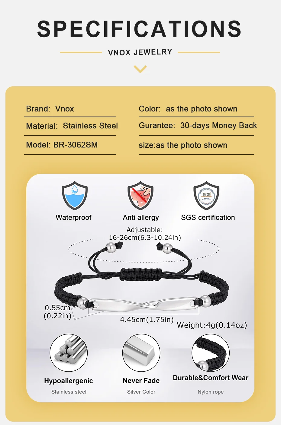 Vnox Edelstahl Möbius Paar-Armband, Verstellbares Geflochtenes Seil Unisex Handgefertigter Jubiläumsschmuck Geschenk für Männer Frauen – Detail 4