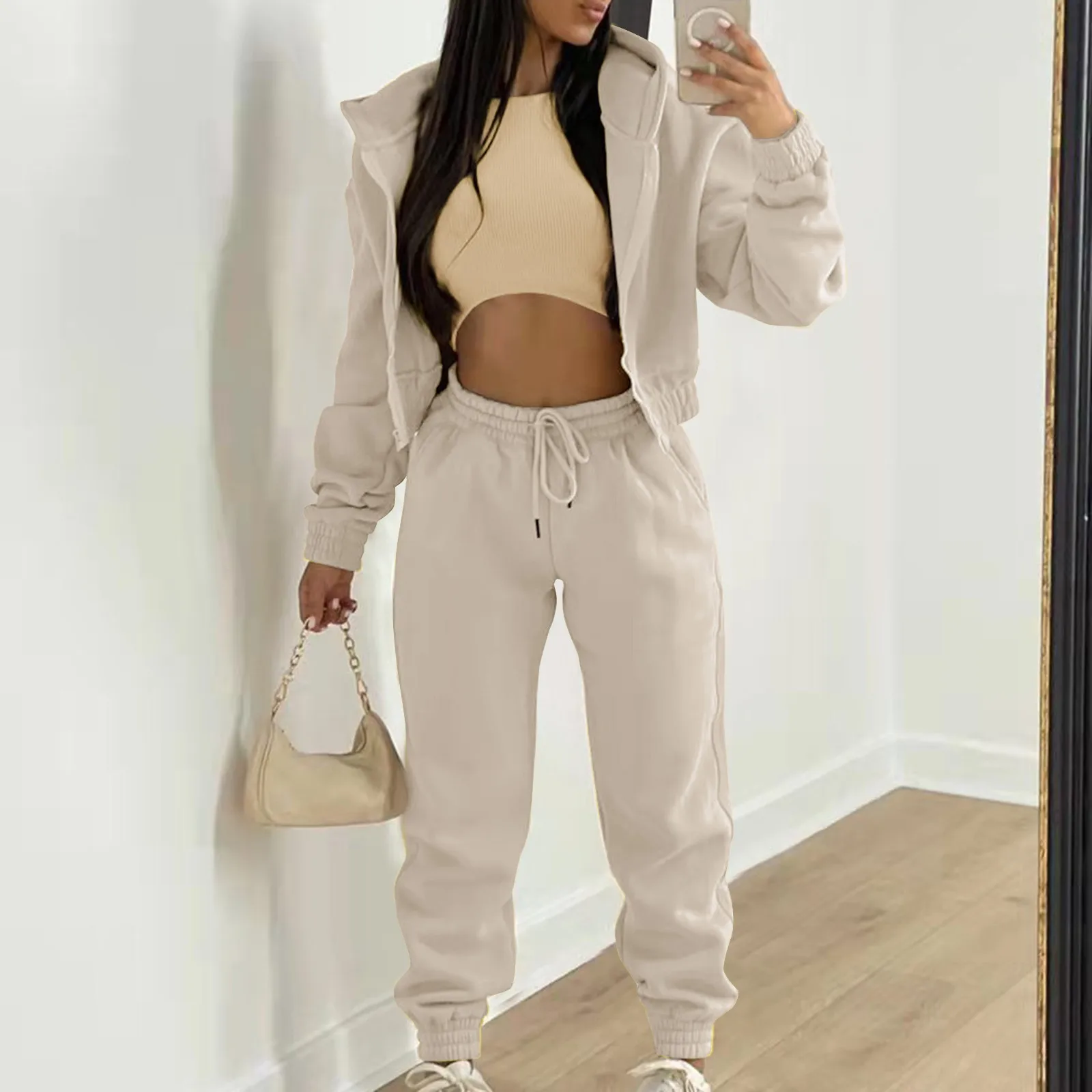 Women 3 Piece Sets Casual Long Sleeve Zip Hoodies+Ribbed Tank+High Waist Sweatpants Jogger Pant Suits Sporty Three Pieces Outfit