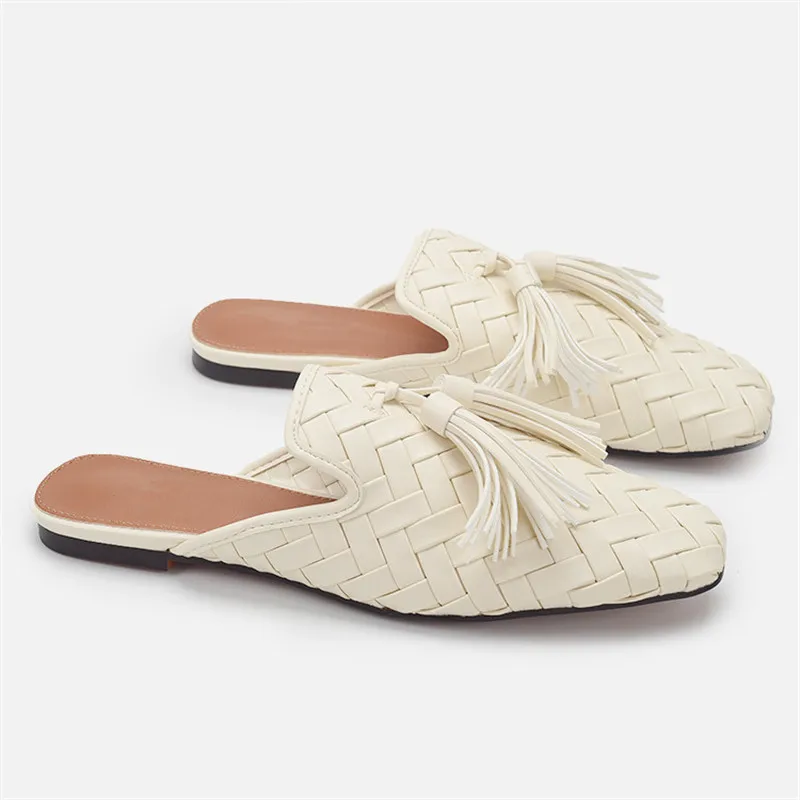 Square Toe Mules Women Summer Slippers Fringed Flat Shoes Woman Tassels Sandals Woven Comfortable White Beach Slides