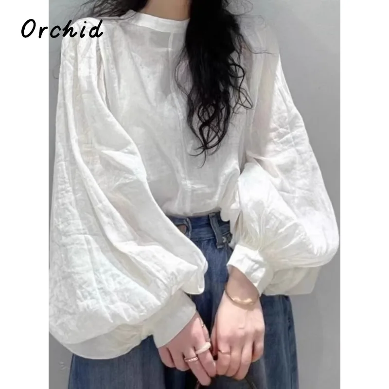 

Causal Sweet Round Neck Shirt 2025 Summer Women White Single Breasted Chic Soft Blouses Solid Long Sleeve Chiffon Tees Top