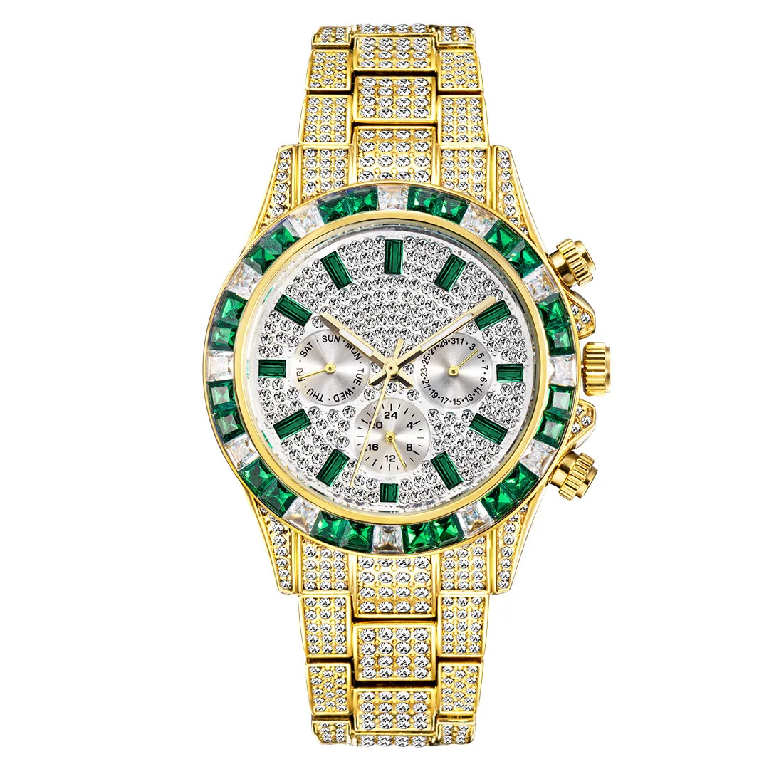 +MISSFOX-relojes de moda verde plateado para hombre, Reloj inteligente resistente al agua con diamantes de arcoíris, relojes deportivos de acero completo, Reloj masculino