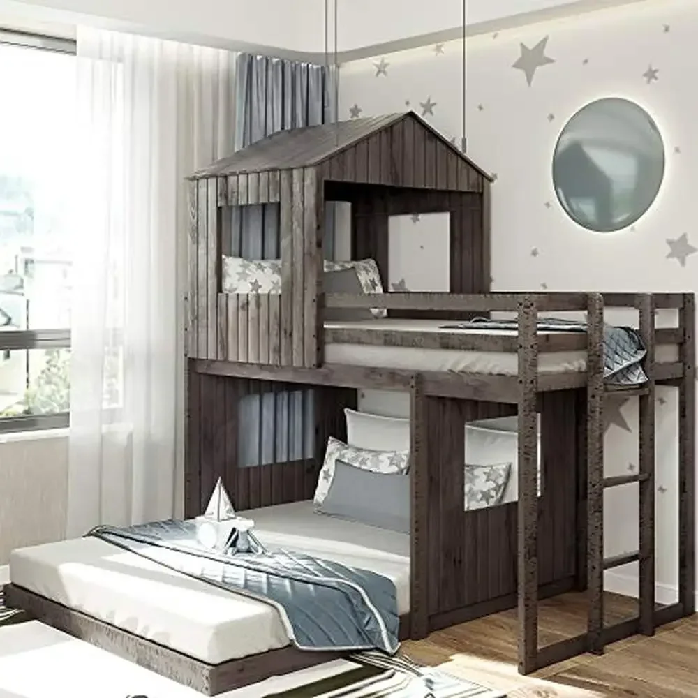 House Bunk Beds Twin over Full Wood with Roof Window and Slide Distressed Grey Twin over Full House Bed Frame Semi-Roof L-Shape