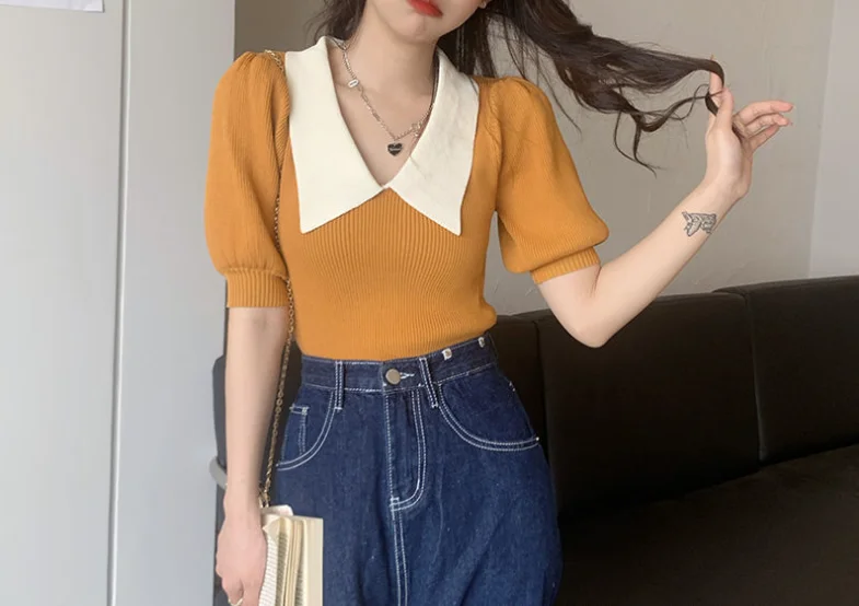 Spring/Summer New Color Contrast Splicing Turn-down Collar Slim Fit Short Sleeve Knitted T-shirt For Women,8 Colors